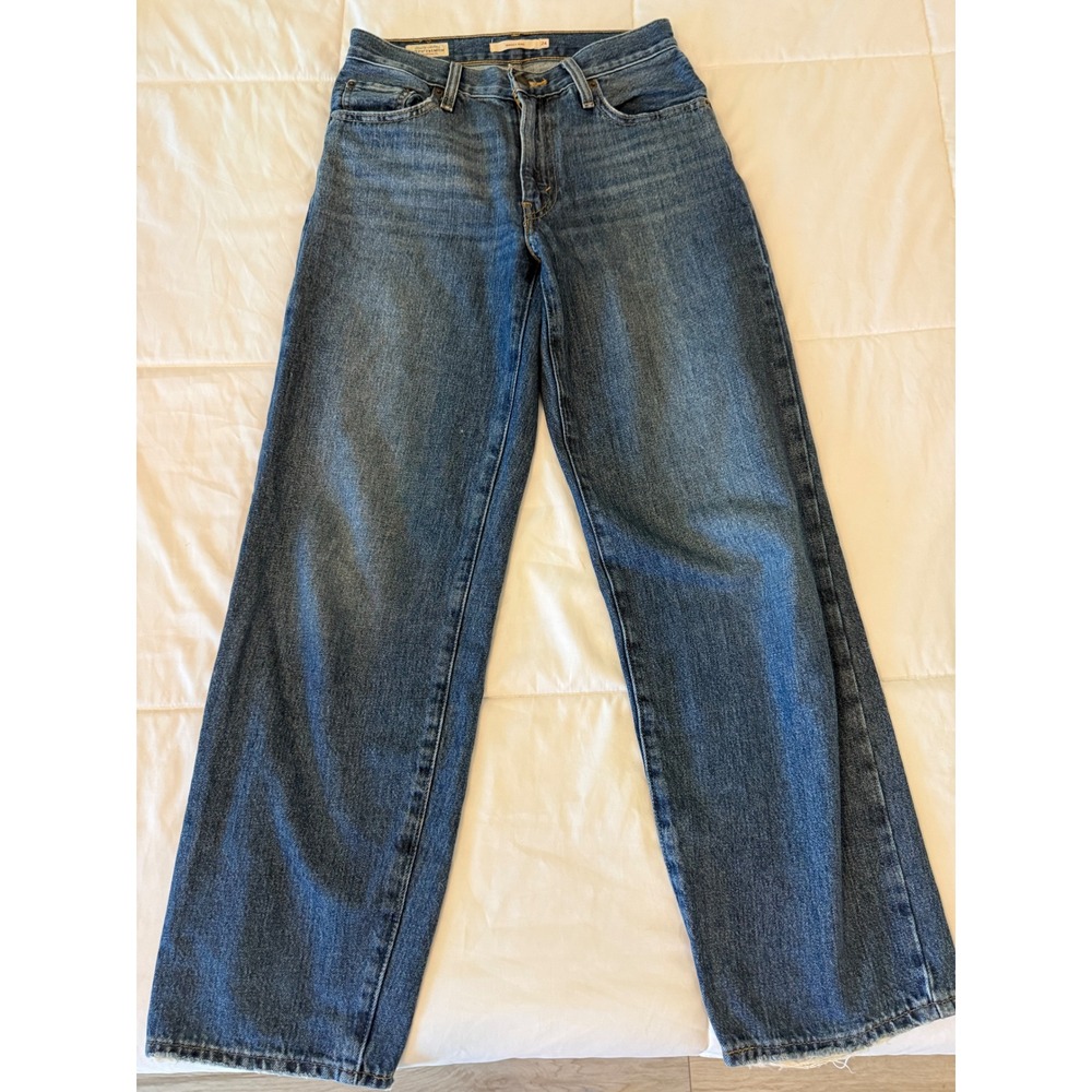 Levis Premium Baggy Dad Jeans Womens 24 Medium Wash Blue Wide Leg Frayed Hem